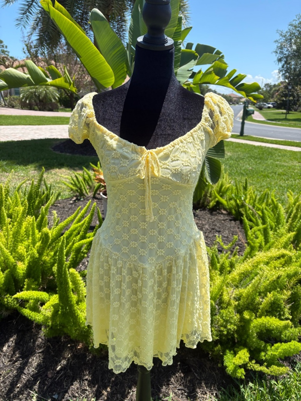 Yellow Lace Mini Dress with Puff Sleeves -  Women's